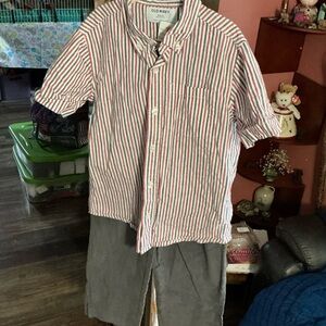 Old Navy Red and White Striped Shirt with Gray Corduroy Pants